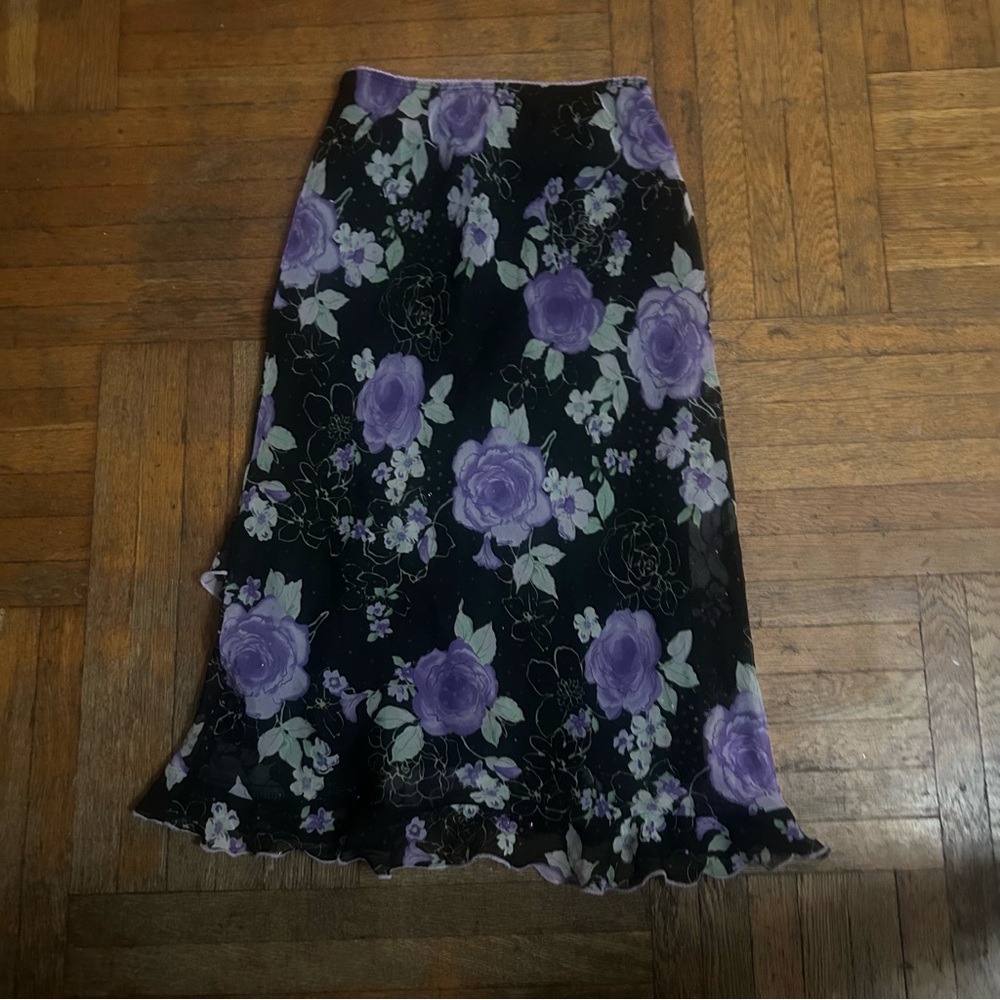Xtraordinary Purple and black floral midi/maxi skirt with ruffled hem